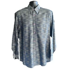 Jhane Barnes‎ Men's Shirt M Blue White Chevron Zig Zag Woven Pattern 100% Cotton